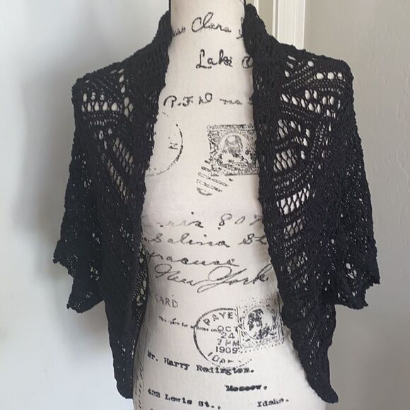 Y2K Bebe Black Sheer Crochet Open Style Cardigan 00’s Made In Italy One Size - Picture 1 of 10